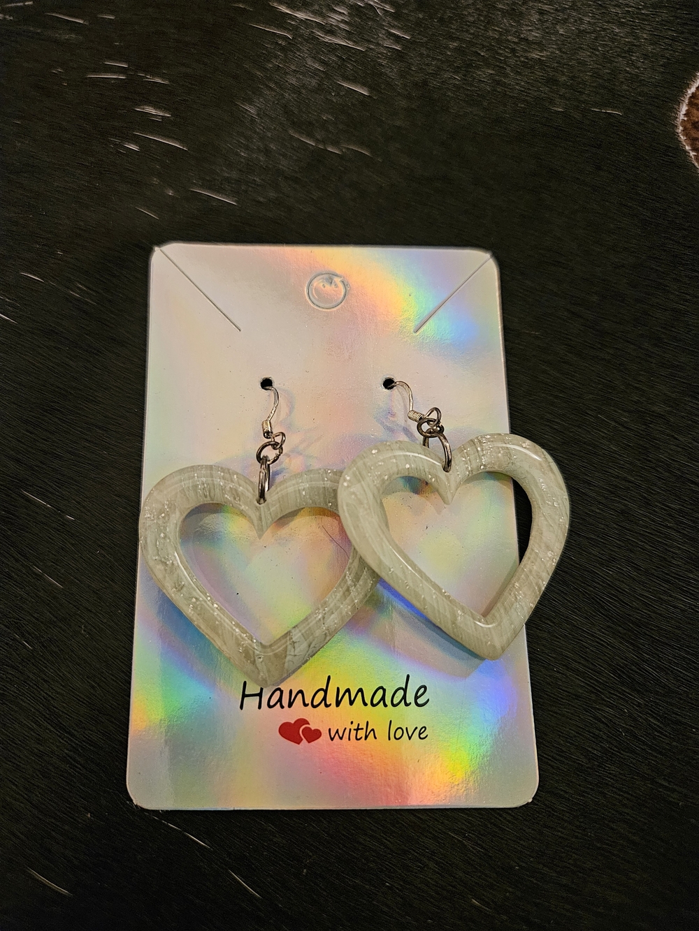 Handmade White Heart Hoop Earrings – Lightweight Resin Dangle